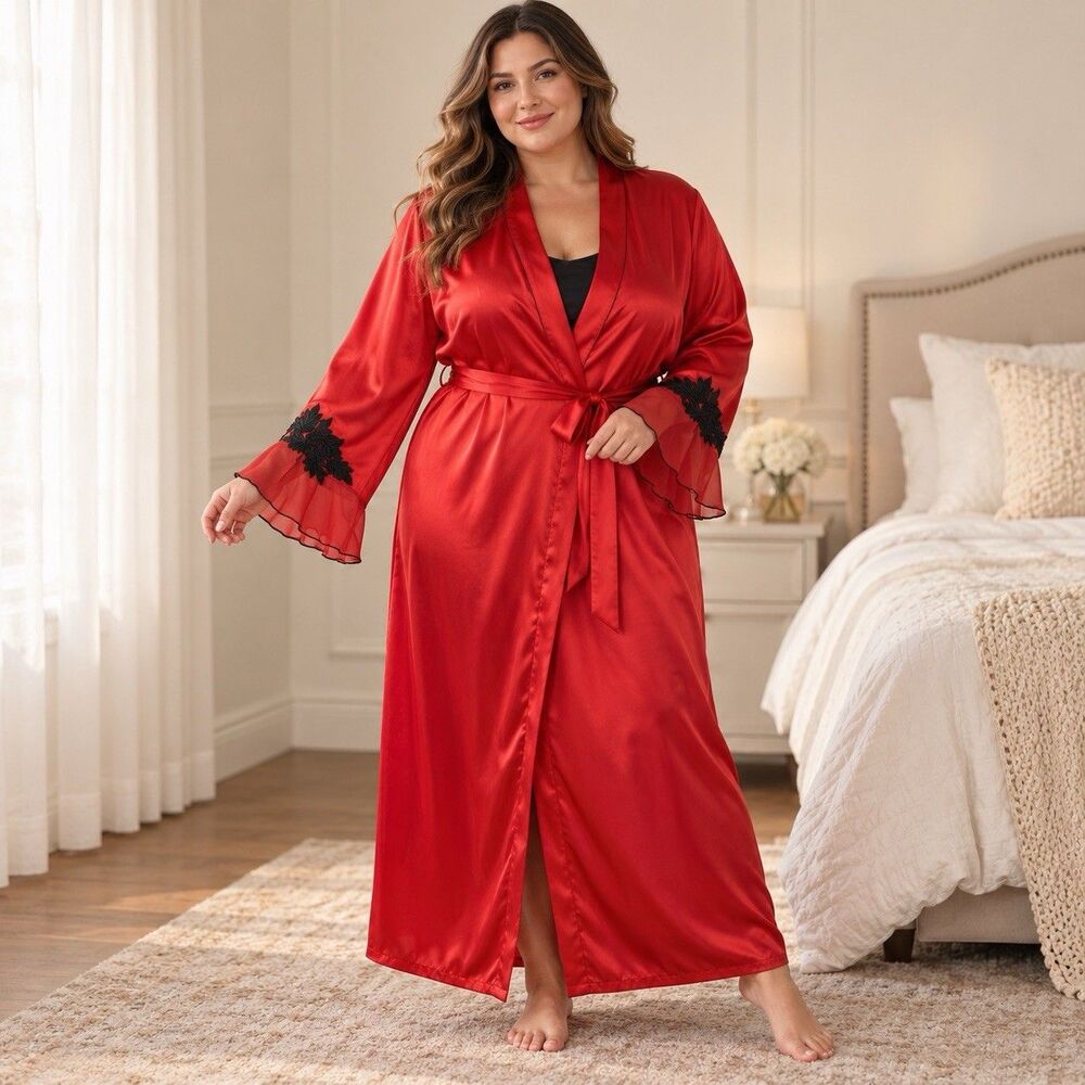 Secret Treasures Women’s 3X Red Satin Robe Black Floral Applique Belted Lingerie